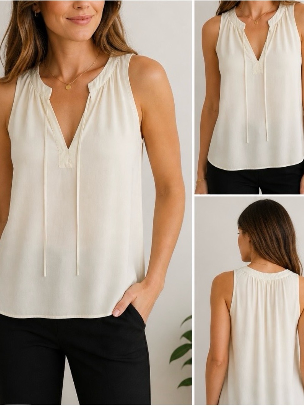 Theory Ivory Split Neck Blouse Sleeveless Tie Front Silk Top Women’s Size Large